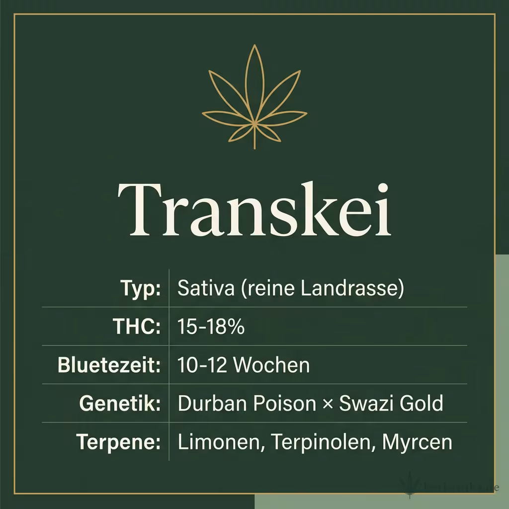 Infografik mit Transkei Key Facts: Typ Sativa (reine Landrasse), THC 15-18%, Bluetezeit 10-12 Wochen, Genetik Durban Poison × Swazi Gold und Terpene Limonen, Terpinolen, Myrcen