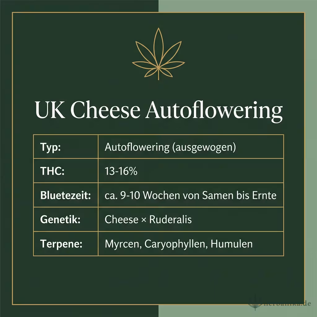 Infografik mit UK Cheese Autoflowering Key Facts: Typ Autoflowering (ausgewogen), THC 13-16%, Bluetezeit ca. 9-10 Wochen von Samen bis Ernte, Genetik Cheese × Ruderalis und Terpene Myrcen, Caryophyllen, Humulen
