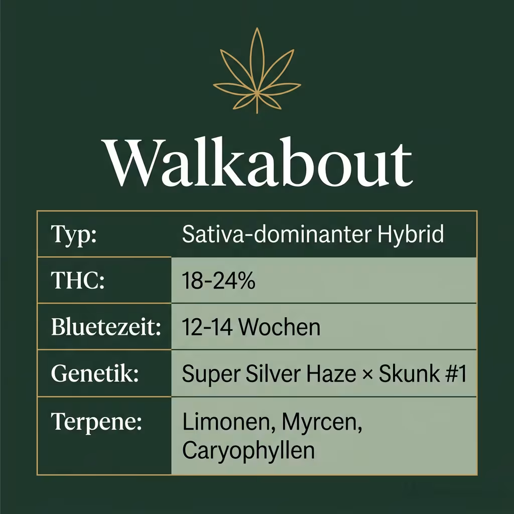 Infografik mit Walkabout Key Facts: Typ Sativa-dominanter Hybrid, THC 18-24%, Bluetezeit 12-14 Wochen, Genetik Super Silver Haze × Skunk #1 und Terpene Limonen, Myrcen, Caryophyllen