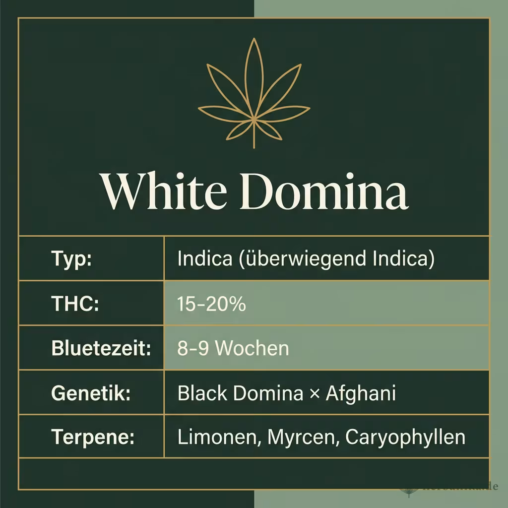 Infografik mit White Domina Key Facts: Typ Indica (überwiegend Indica), THC 15-20%, Bluetezeit 8-9 Wochen, Genetik Black Domina × Afghani und Terpene Limonen, Myrcen, Caryophyllen
