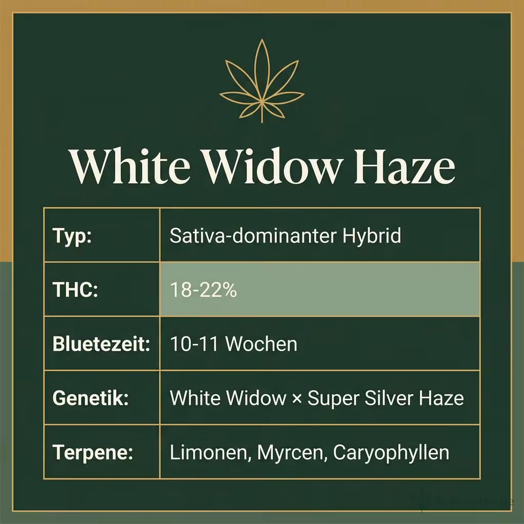 Infografik mit White Widow Haze Key Facts: Typ Sativa-dominanter Hybrid, THC 18-22%, Bluetezeit 10-11 Wochen, Genetik White Widow × Super Silver Haze und Terpene Limonen, Myrcen, Caryophyllen