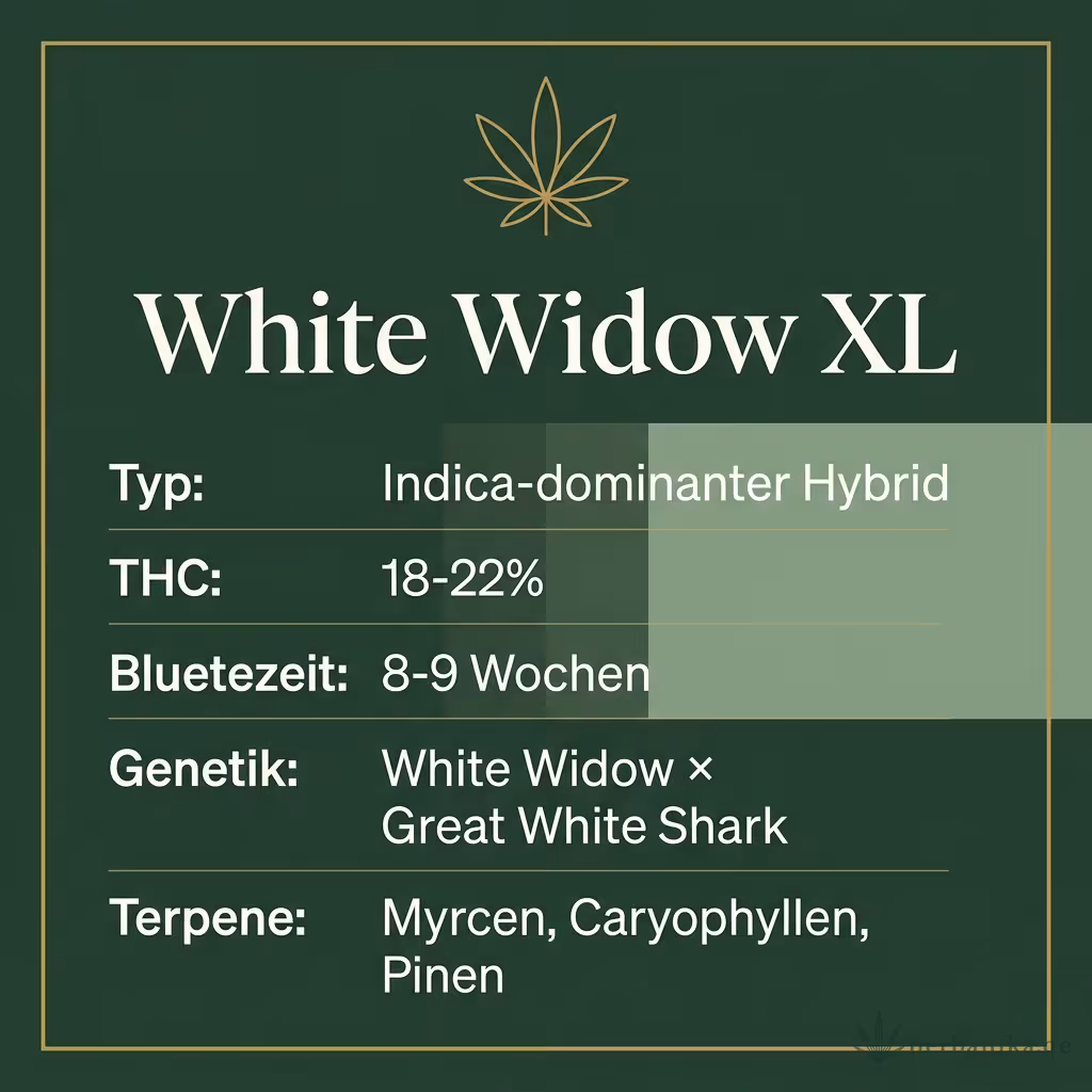 Infografik mit White Widow XL Key Facts: Typ Indica-dominanter Hybrid, THC 18-22%, Bluetezeit 8-9 Wochen, Genetik White Widow × Great White Shark und Terpene Myrcen, Caryophyllen, Pinen