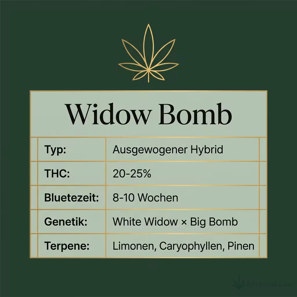 Infografik mit Widow Bomb Key Facts: Typ Ausgewogener Hybrid, THC 20-25%, Bluetezeit 8-10 Wochen, Genetik White Widow × Big Bomb und Terpene Limonen, Caryophyllen, Pinen