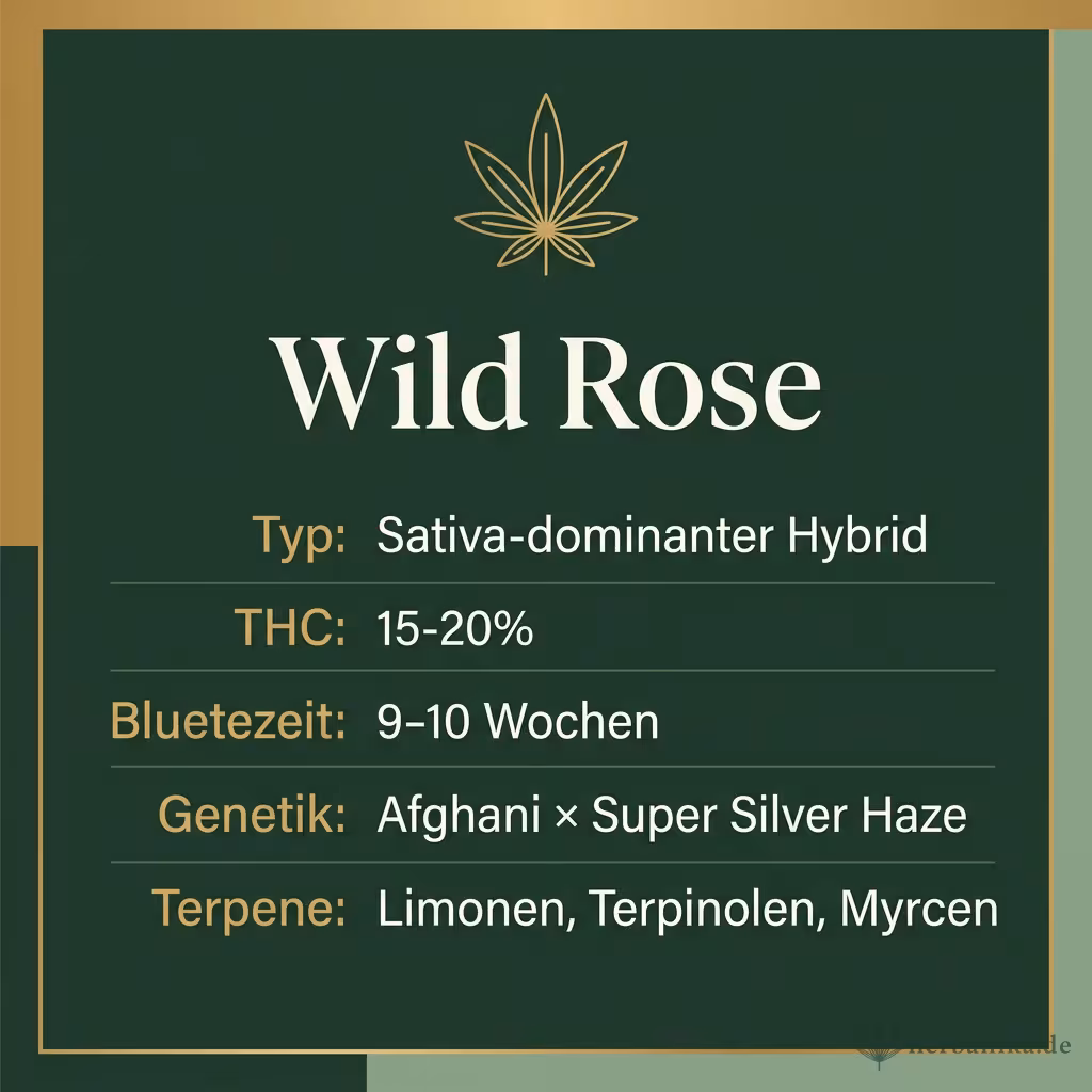 Infografik mit Wild Rose Key Facts: Typ Sativa-dominanter Hybrid, THC 15-20%, Bluetezeit 9-10 Wochen, Genetik Afghani × Super Silver Haze und Terpene Limonen, Terpinolen, Myrcen