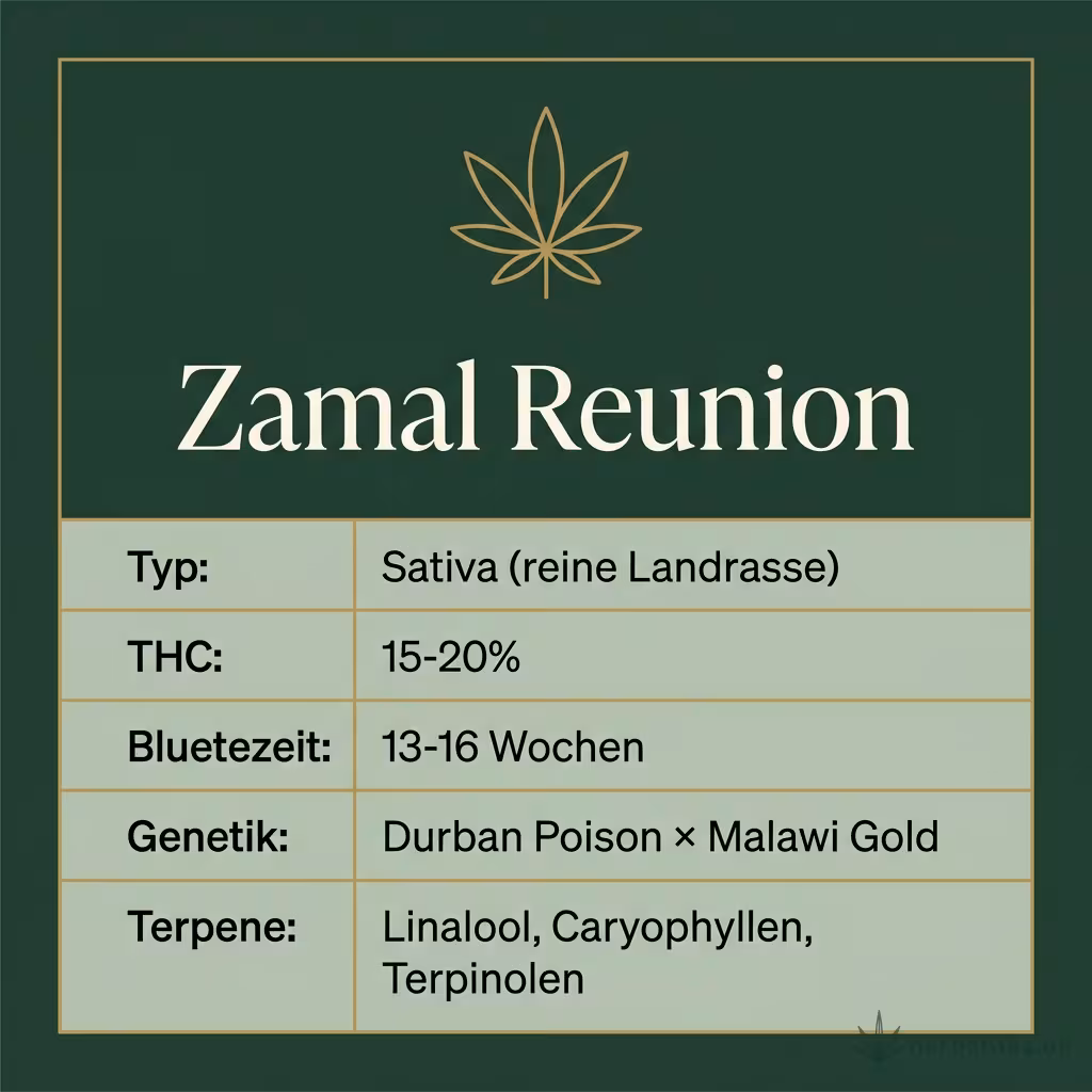 Infografik mit Zamal Reunion Key Facts: Typ Sativa (reine Landrasse), THC 15-20%, Bluetezeit 13-16 Wochen, Genetik Durban Poison × Malawi Gold und Terpene Linalool, Caryophyllen, Terpinolen