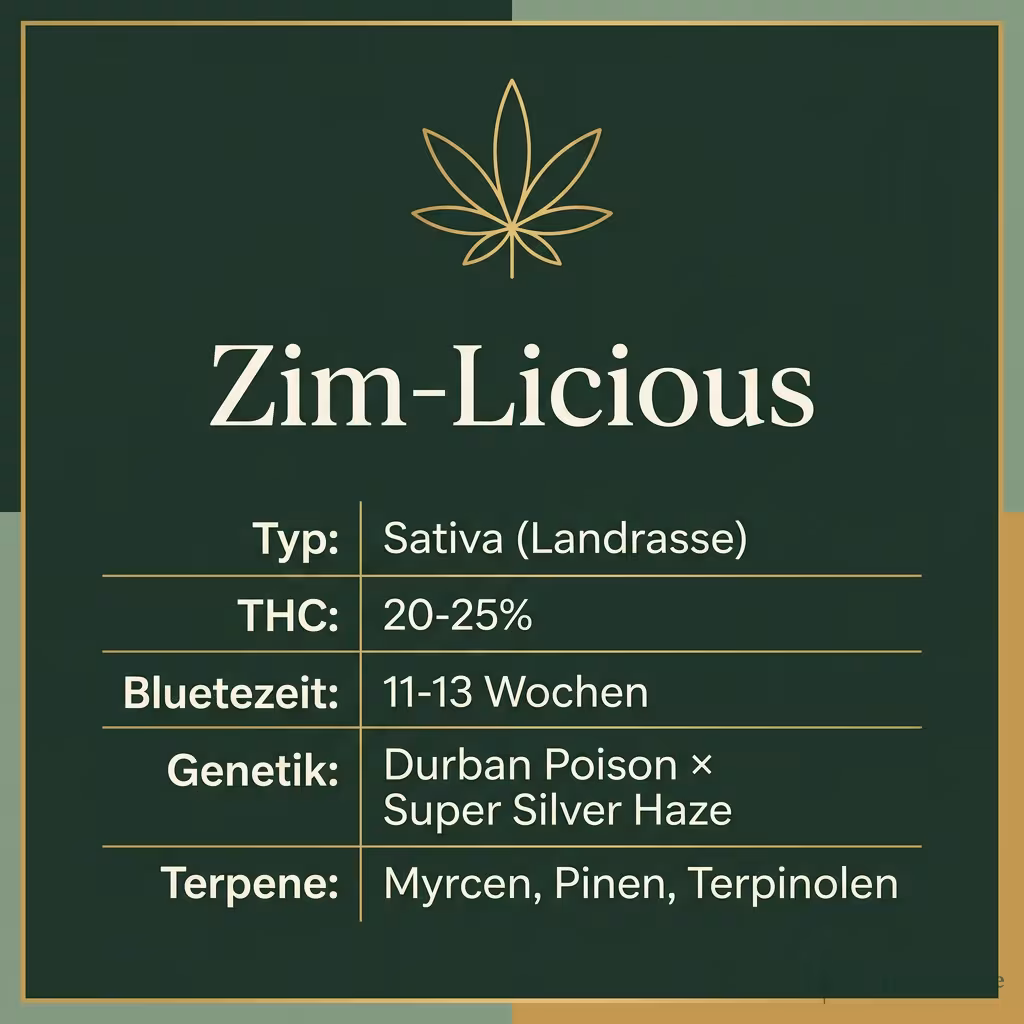 Infografik mit Zim-Licious Key Facts: Typ Sativa (Landrasse), THC 20-25%, Bluetezeit 11-13 Wochen, Genetik Durban Poison × Super Silver Haze und Terpene Myrcen, Pinen, Terpinolen
